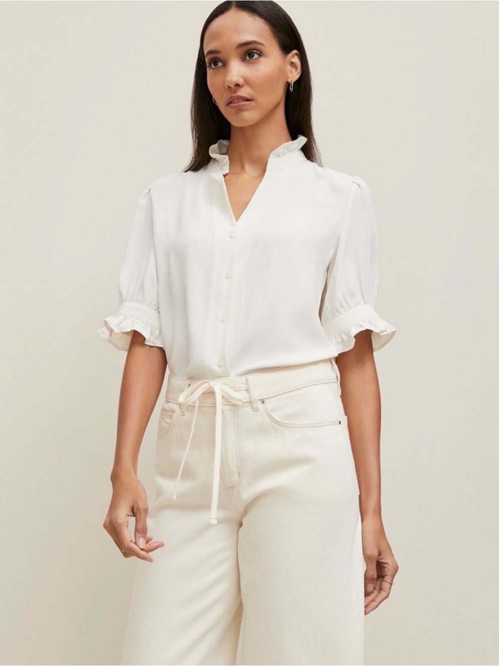 Ann Taylor Ruffle Collar Shirt Winter White Ruffle Sleeve Blouse Size L